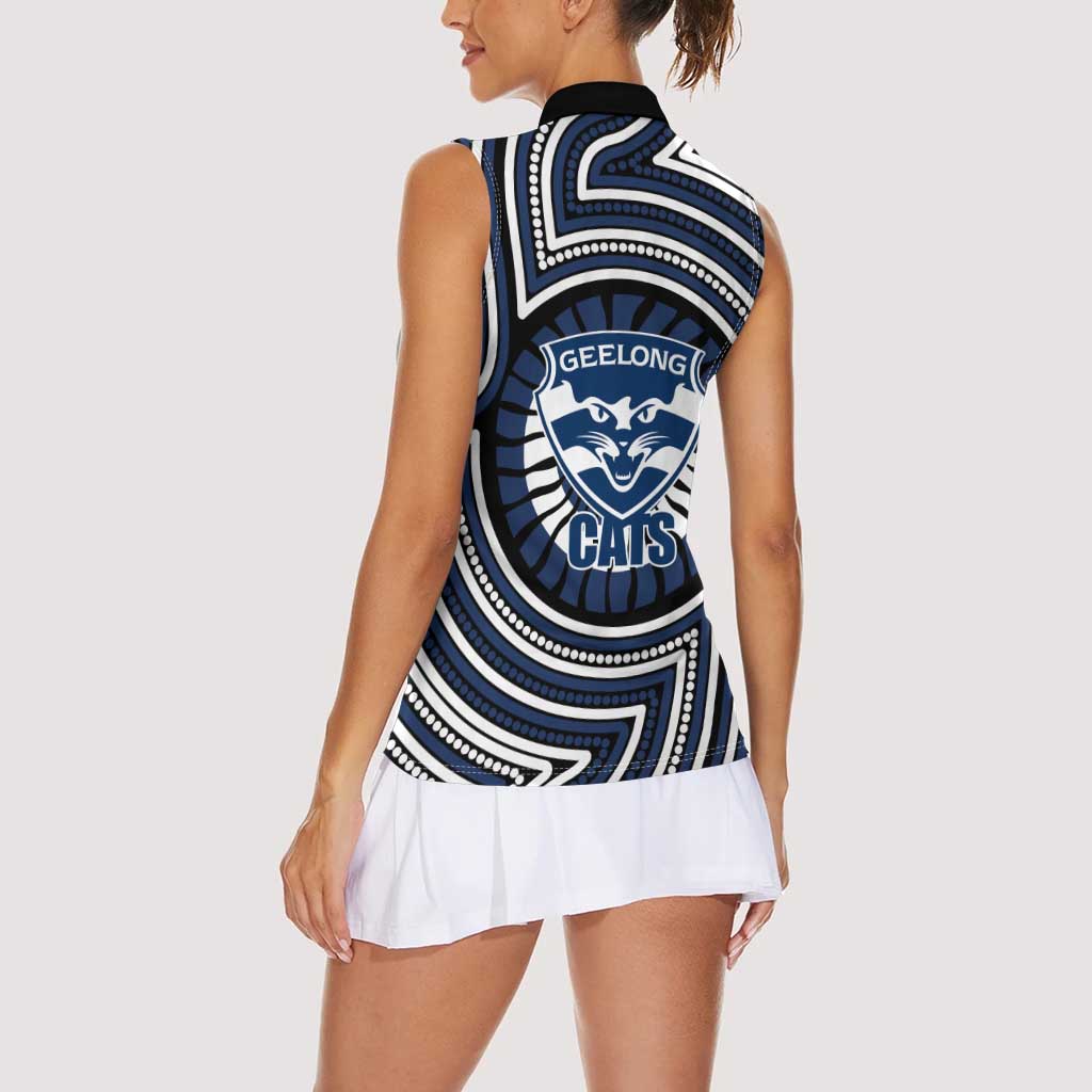 Geelong Cats Women Sleeveless Polo Shirt Indigenous Monochrome Dot Art Mascot Style