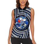 Geelong Cats Women Sleeveless Polo Shirt Indigenous Monochrome Dot Art Mascot Style