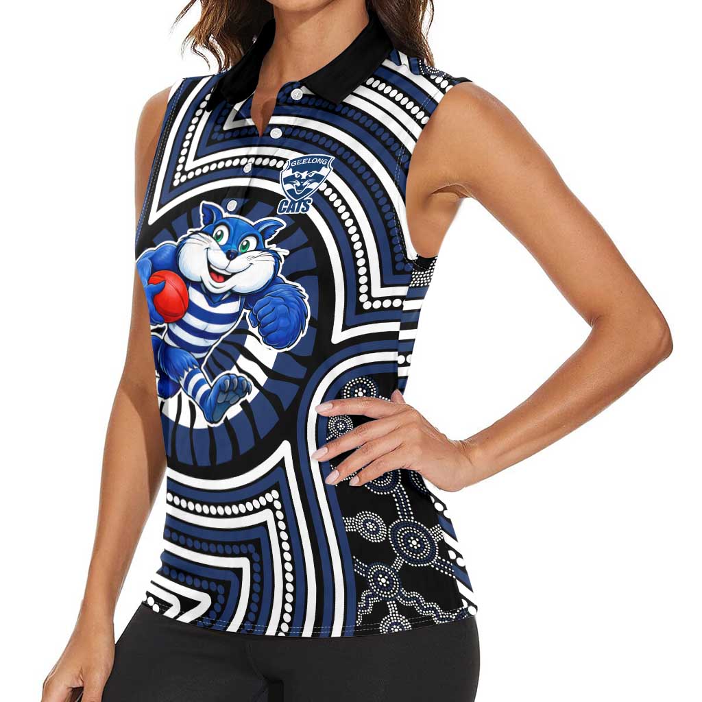 Geelong Cats Women Sleeveless Polo Shirt Indigenous Monochrome Dot Art Mascot Style