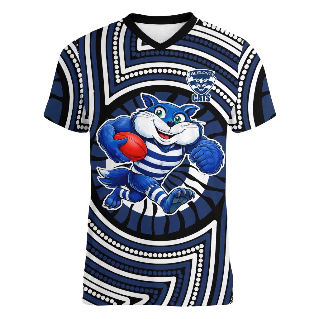 Geelong Cats Women V-Neck T-Shirt Indigenous Monochrome Dot Art Mascot Style
