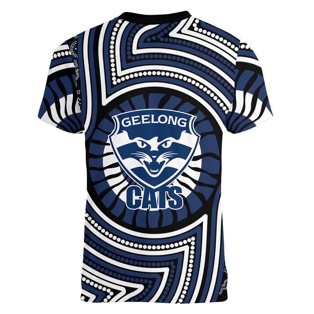 Geelong Cats Women V-Neck T-Shirt Indigenous Monochrome Dot Art Mascot Style