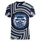 Geelong Cats Women V-Neck T-Shirt Indigenous Monochrome Dot Art Mascot Style