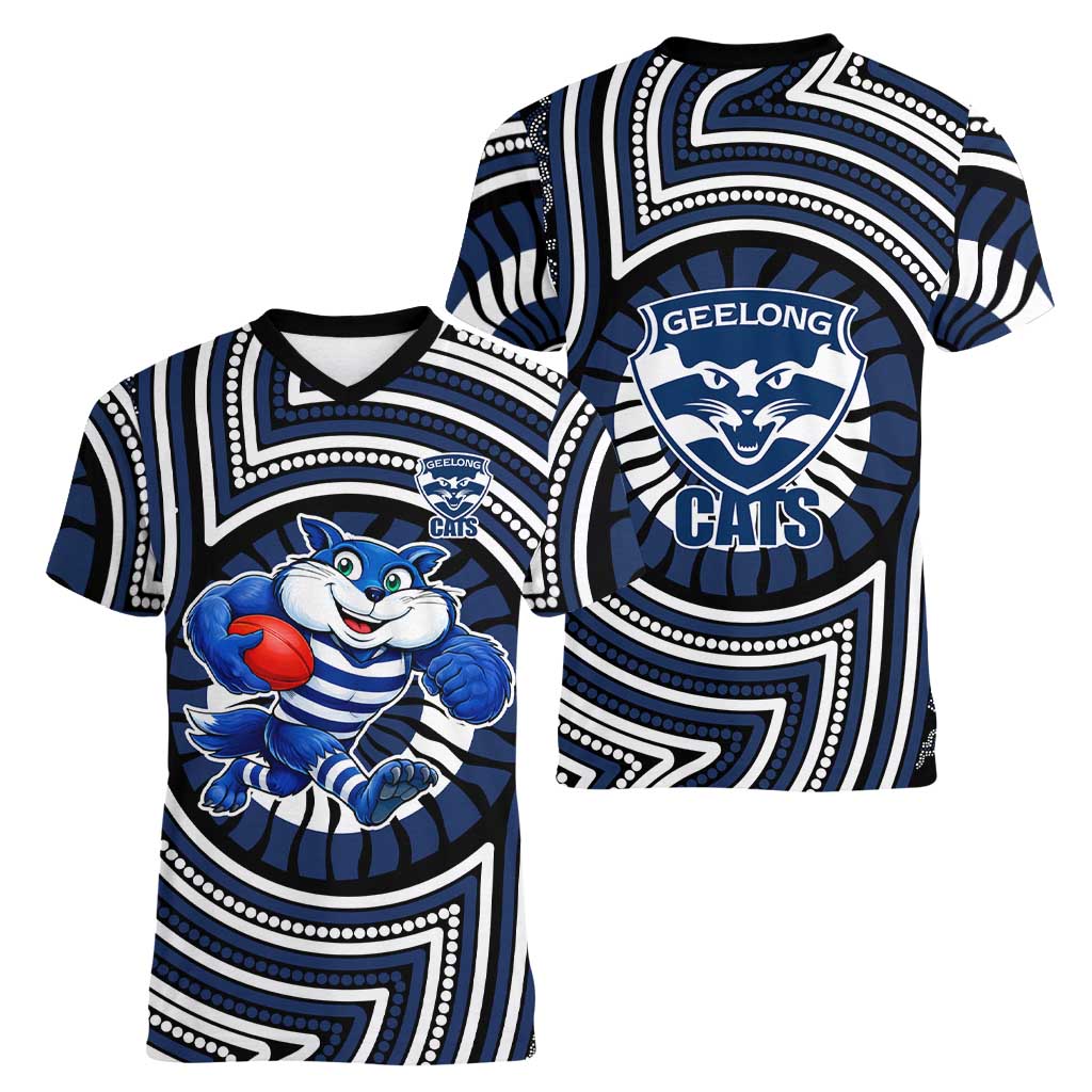 Geelong Cats Women V-Neck T-Shirt Indigenous Monochrome Dot Art Mascot Style