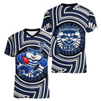 Geelong Cats Women V-Neck T-Shirt Indigenous Monochrome Dot Art Mascot Style