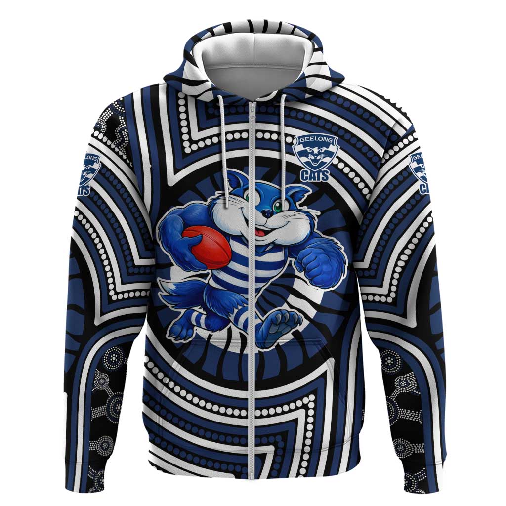 Geelong Cats Zip Hoodie Indigenous Monochrome Dot Art Mascot Style