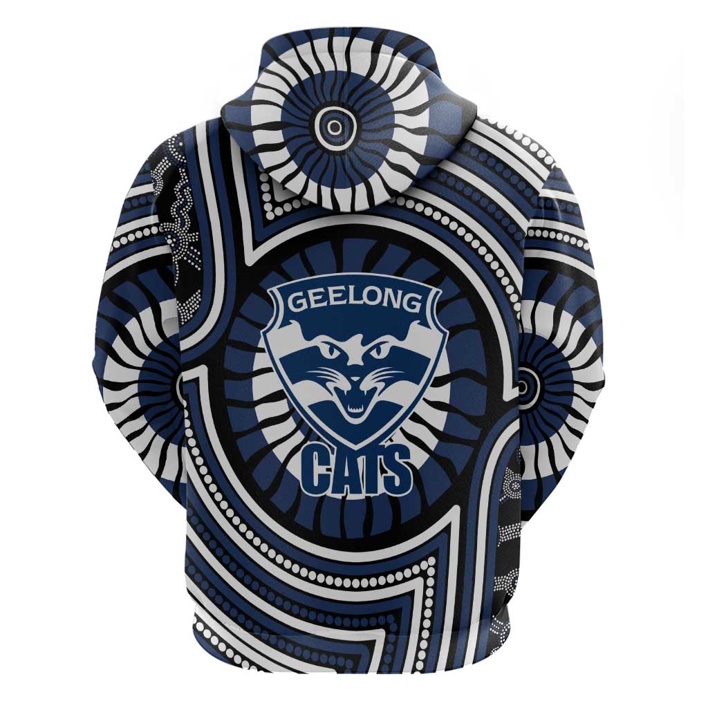 Geelong Cats Zip Hoodie Indigenous Monochrome Dot Art Mascot Style