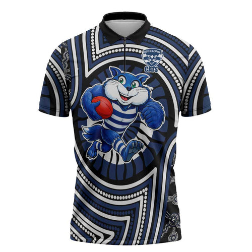 Geelong Cats Zipper Polo Shirt Indigenous Monochrome Dot Art Mascot Style