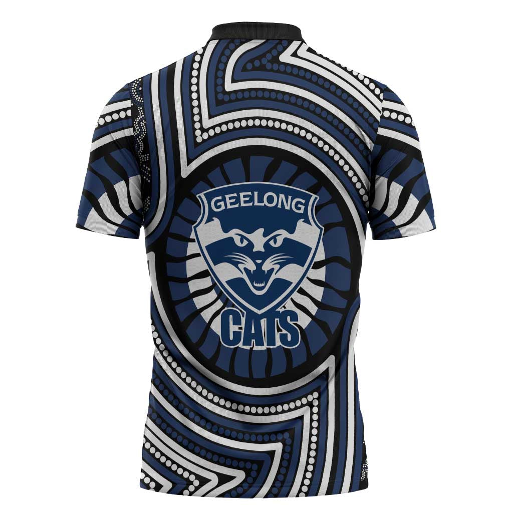 Geelong Cats Zipper Polo Shirt Indigenous Monochrome Dot Art Mascot Style