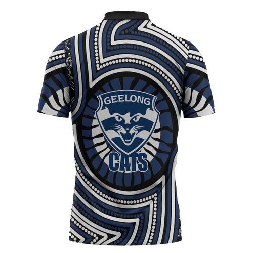Geelong Cats Zipper Polo Shirt Indigenous Monochrome Dot Art Mascot Style