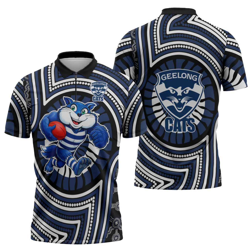 Geelong Cats Zipper Polo Shirt Indigenous Monochrome Dot Art Mascot Style