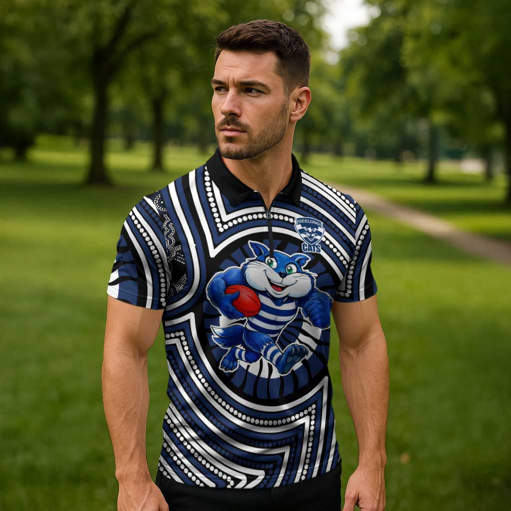 Geelong Cats Zipper Polo Shirt Indigenous Monochrome Dot Art Mascot Style