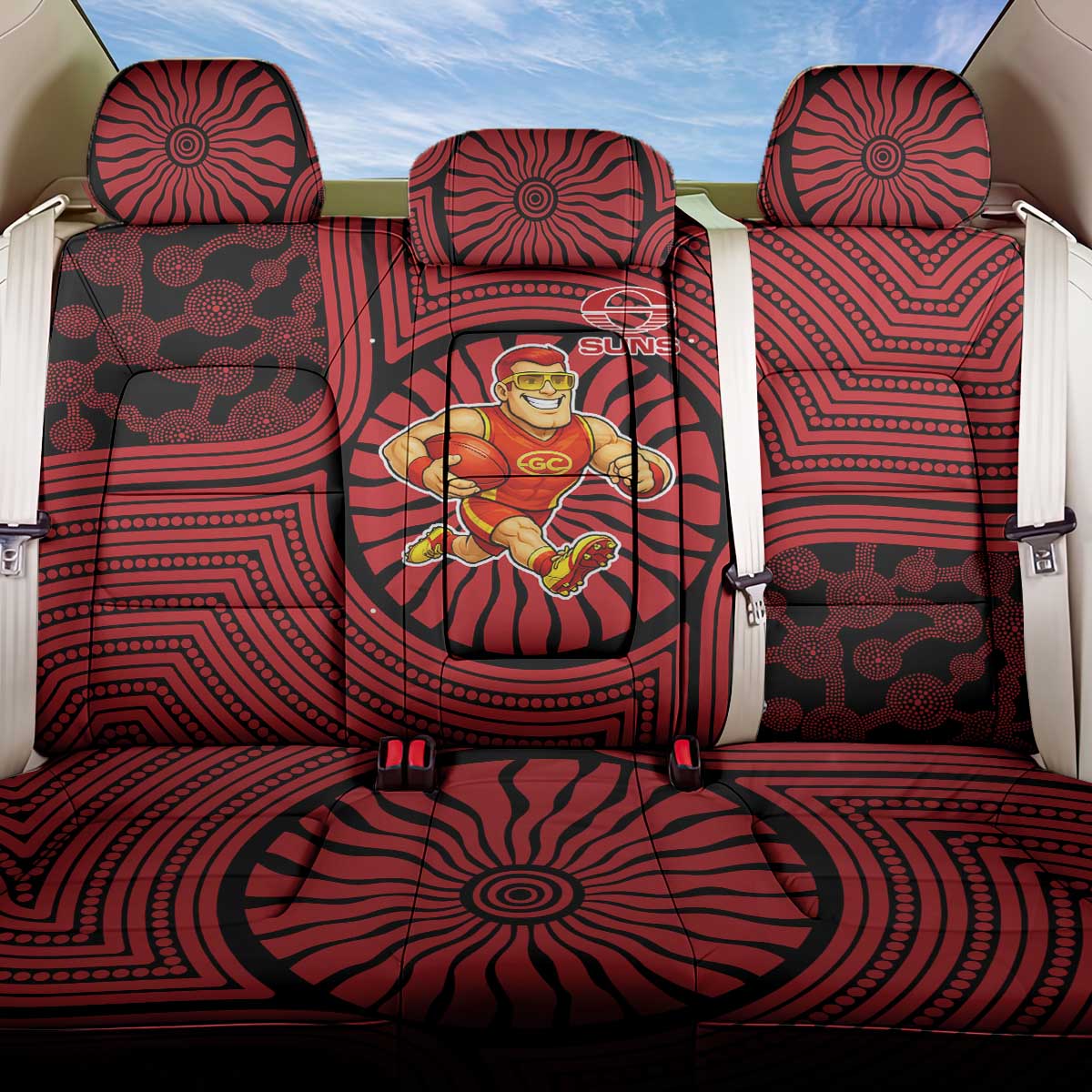 Gold Coast Suns Back Car Seat Cover Indigenous Monochrome Dot Art Mascot Style