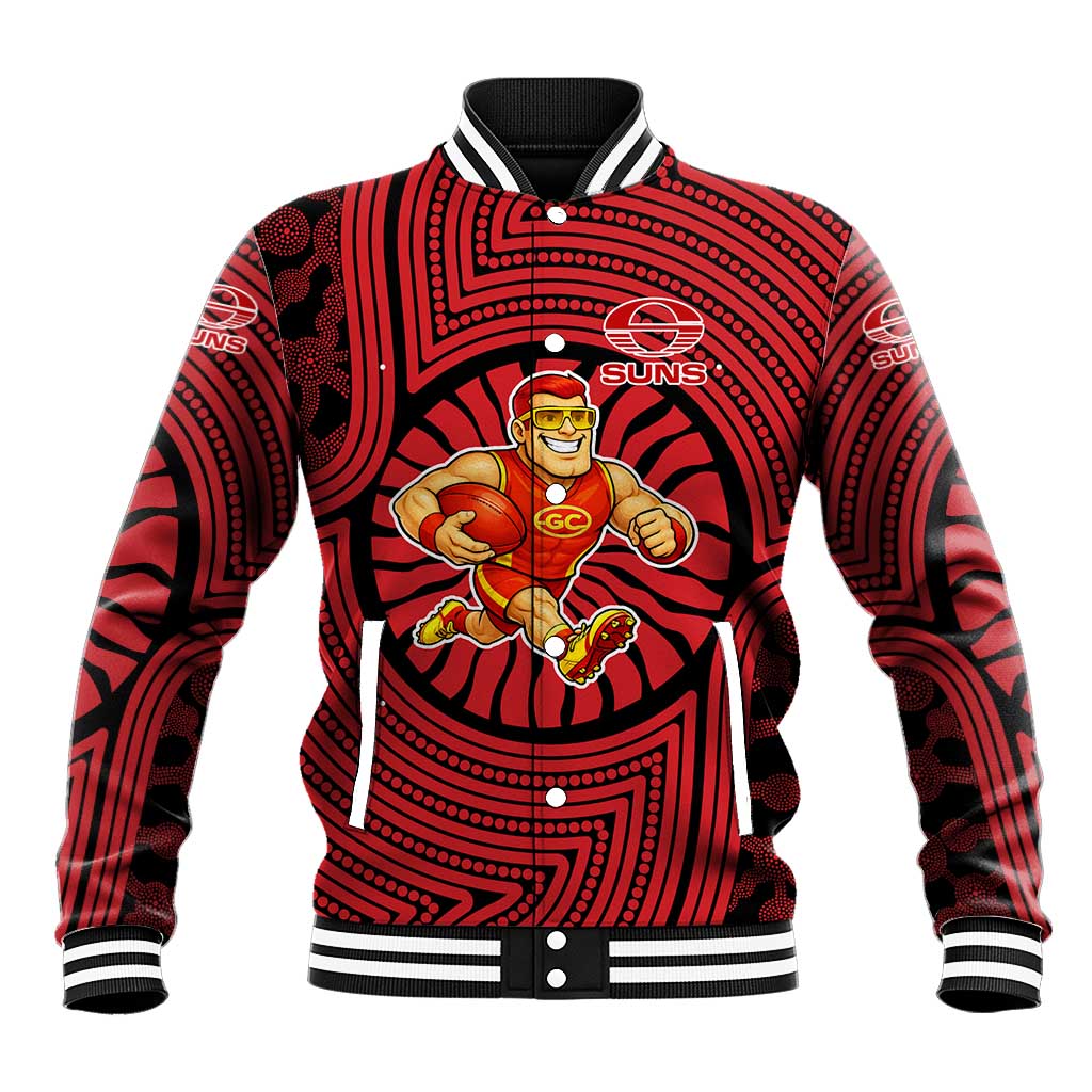Gold Coast Suns Baseball Jacket Indigenous Monochrome Dot Art Mascot Style