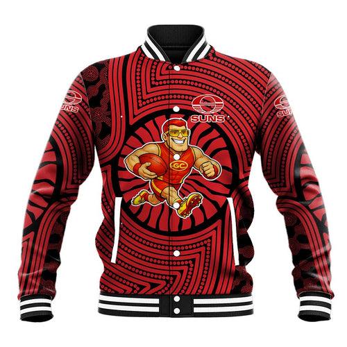 Gold Coast Suns Baseball Jacket Indigenous Monochrome Dot Art Mascot Style