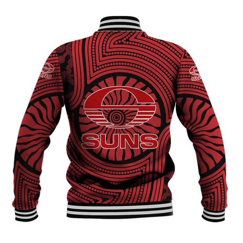Gold Coast Suns Baseball Jacket Indigenous Monochrome Dot Art Mascot Style