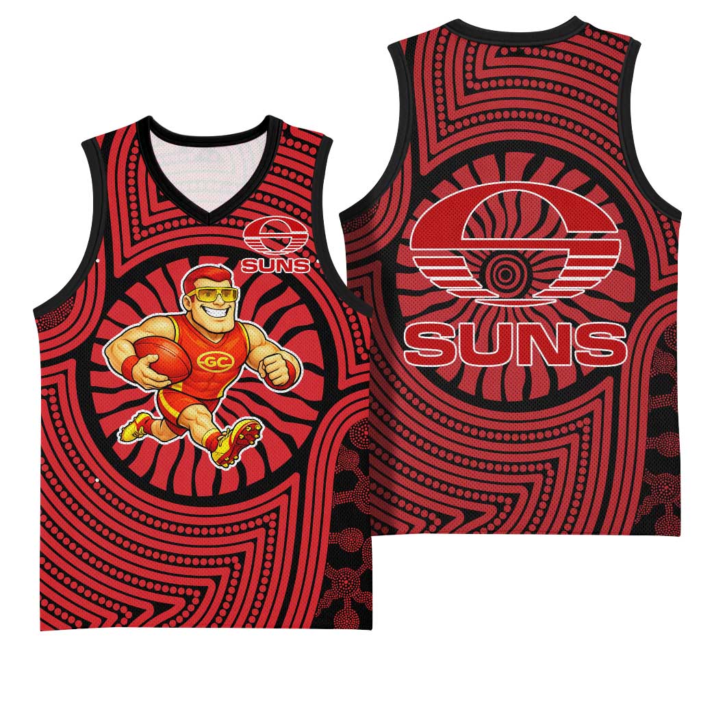 Gold Coast Suns Basketball Jersey Indigenous Monochrome Dot Art Mascot Style