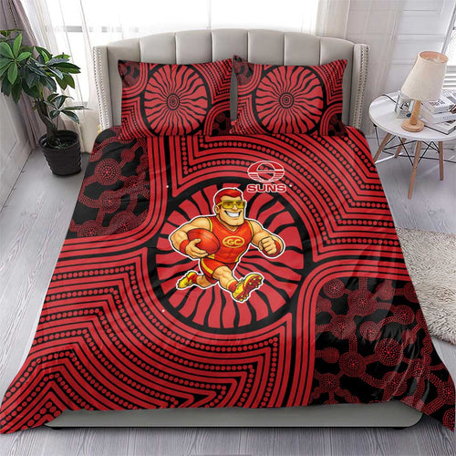 Gold Coast Suns Bedding Set Indigenous Monochrome Dot Art Mascot Style