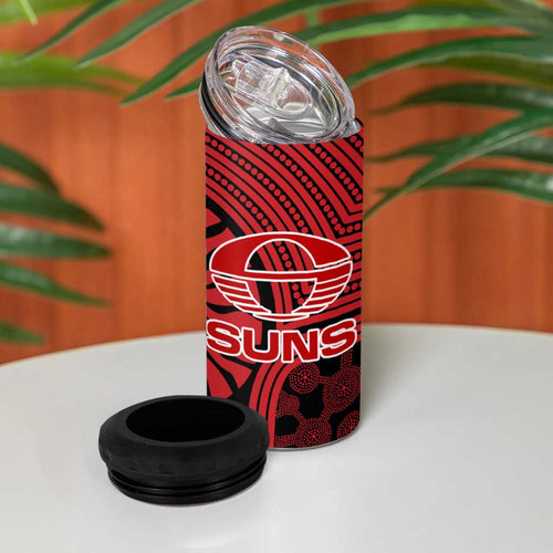 Gold Coast Suns 4 in 1 Can Cooler Tumbler Indigenous Monochrome Dot Art Mascot Style