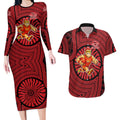Gold Coast Suns Couples Matching Long Sleeve Bodycon Dress and Hawaiian Shirt Indigenous Monochrome Dot Art Mascot Style
