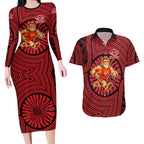 Gold Coast Suns Couples Matching Long Sleeve Bodycon Dress and Hawaiian Shirt Indigenous Monochrome Dot Art Mascot Style