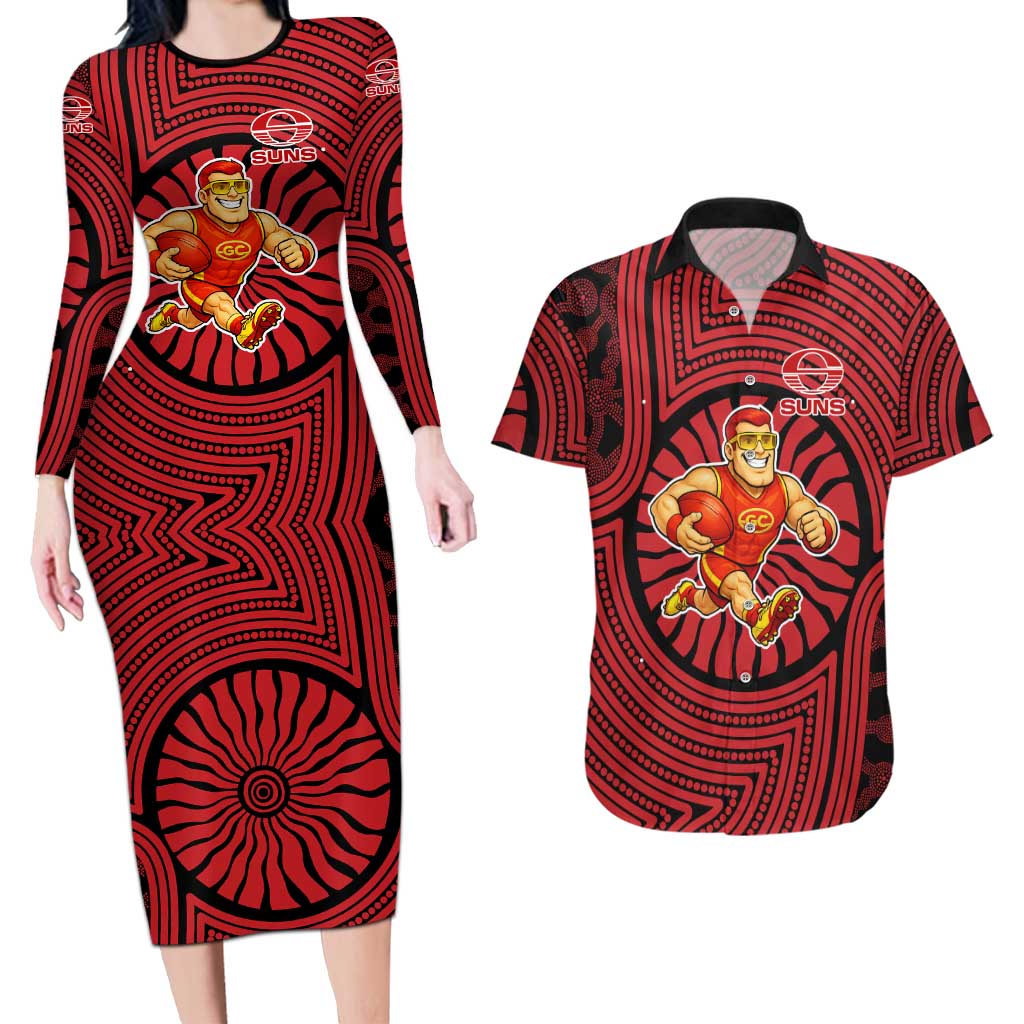 Gold Coast Suns Couples Matching Long Sleeve Bodycon Dress and Hawaiian Shirt Indigenous Monochrome Dot Art Mascot Style