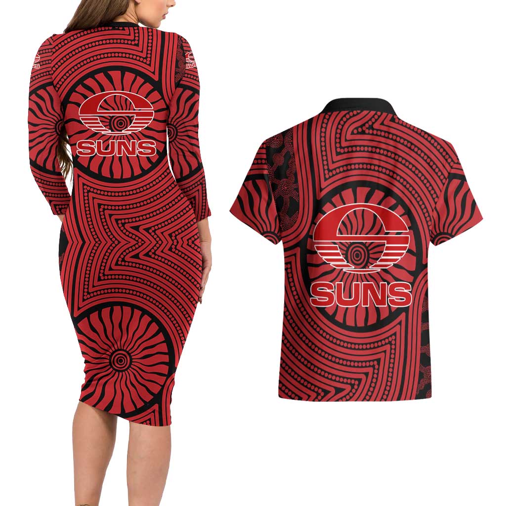 Gold Coast Suns Couples Matching Long Sleeve Bodycon Dress and Hawaiian Shirt Indigenous Monochrome Dot Art Mascot Style