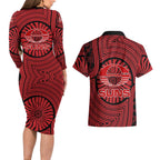 Gold Coast Suns Couples Matching Long Sleeve Bodycon Dress and Hawaiian Shirt Indigenous Monochrome Dot Art Mascot Style
