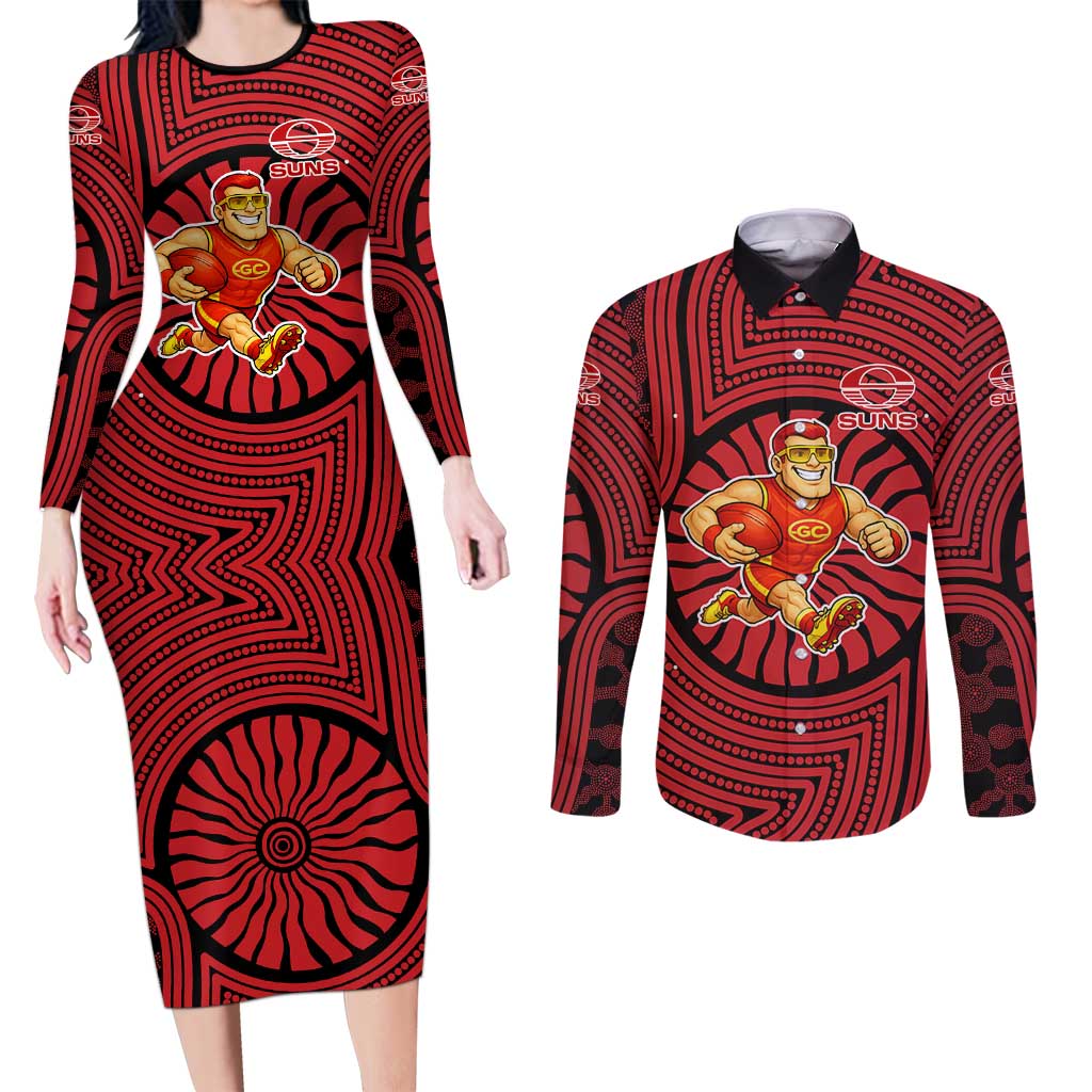 Gold Coast Suns Couples Matching Long Sleeve Bodycon Dress and Long Sleeve Button Shirt Indigenous Monochrome Dot Art Mascot Style