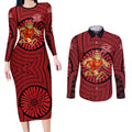 Gold Coast Suns Couples Matching Long Sleeve Bodycon Dress and Long Sleeve Button Shirt Indigenous Monochrome Dot Art Mascot Style