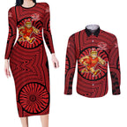 Gold Coast Suns Couples Matching Long Sleeve Bodycon Dress and Long Sleeve Button Shirt Indigenous Monochrome Dot Art Mascot Style