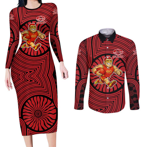 Gold Coast Suns Couples Matching Long Sleeve Bodycon Dress and Long Sleeve Button Shirt Indigenous Monochrome Dot Art Mascot Style