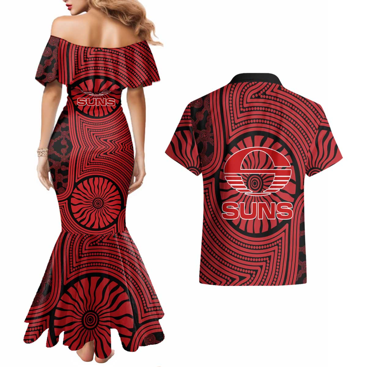 Gold Coast Suns Couples Matching Mermaid Dress and Hawaiian Shirt Indigenous Monochrome Dot Art Mascot Style