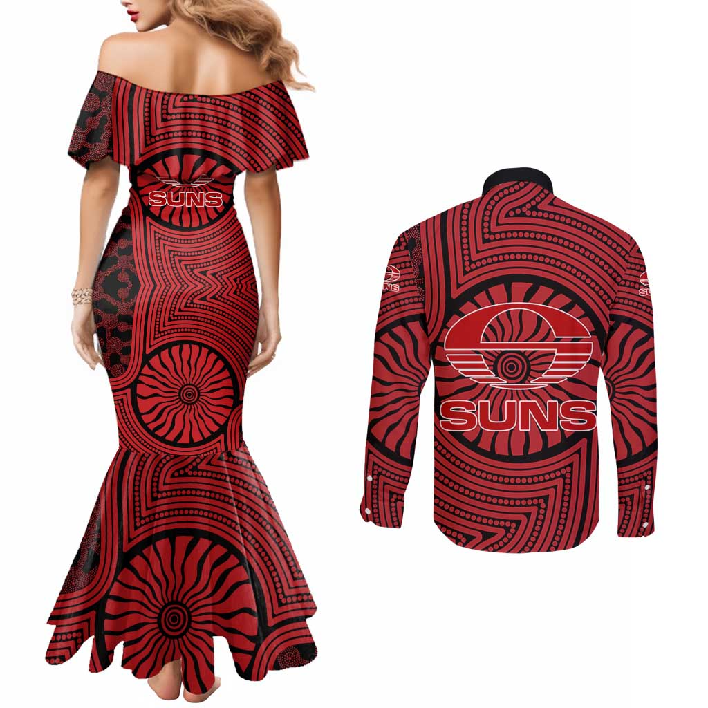 Gold Coast Suns Couples Matching Mermaid Dress and Long Sleeve Button Shirt Indigenous Monochrome Dot Art Mascot Style