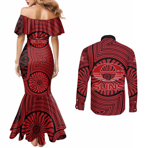 Gold Coast Suns Couples Matching Mermaid Dress and Long Sleeve Button Shirt Indigenous Monochrome Dot Art Mascot Style