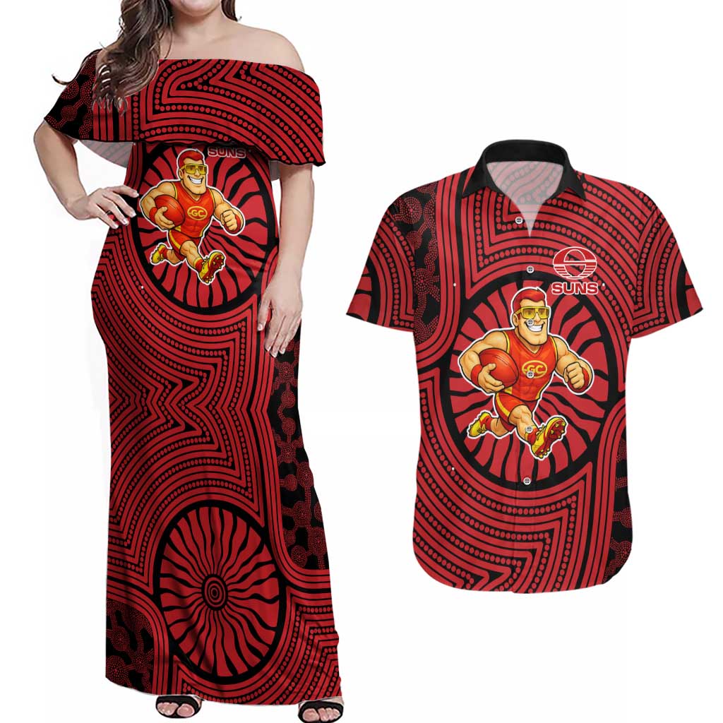 Gold Coast Suns Couples Matching Off Shoulder Maxi Dress and Hawaiian Shirt Indigenous Monochrome Dot Art Mascot Style