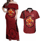 Gold Coast Suns Couples Matching Off Shoulder Maxi Dress and Hawaiian Shirt Indigenous Monochrome Dot Art Mascot Style