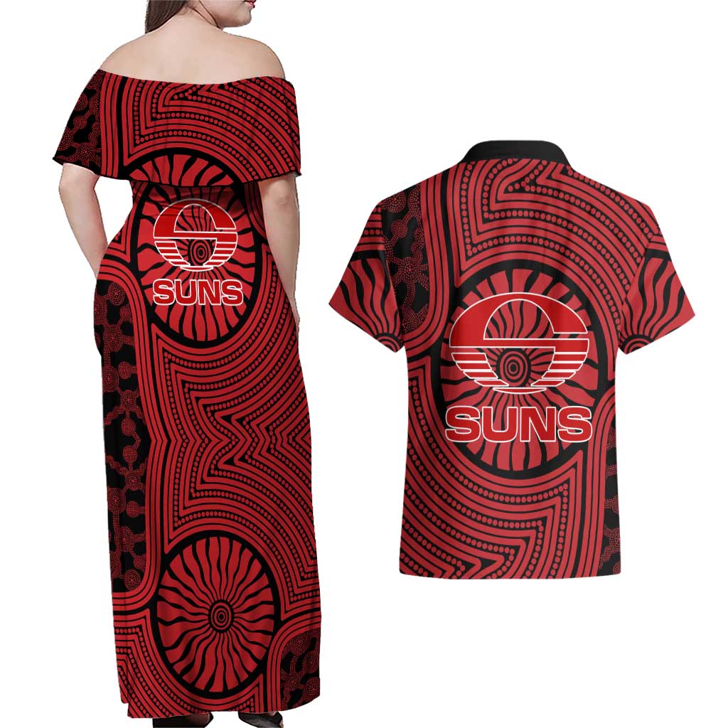 Gold Coast Suns Couples Matching Off Shoulder Maxi Dress and Hawaiian Shirt Indigenous Monochrome Dot Art Mascot Style
