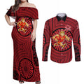 Gold Coast Suns Couples Matching Off Shoulder Maxi Dress and Long Sleeve Button Shirt Indigenous Monochrome Dot Art Mascot Style
