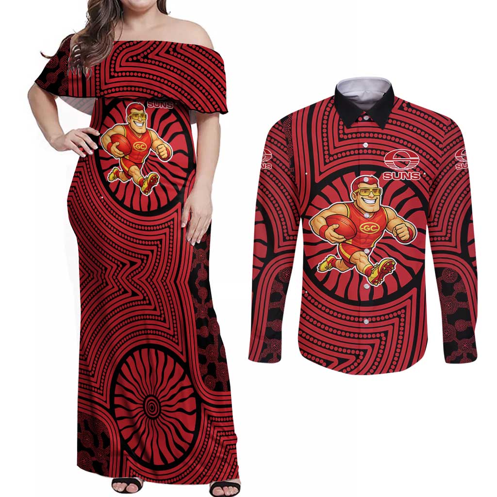 Gold Coast Suns Couples Matching Off Shoulder Maxi Dress and Long Sleeve Button Shirt Indigenous Monochrome Dot Art Mascot Style