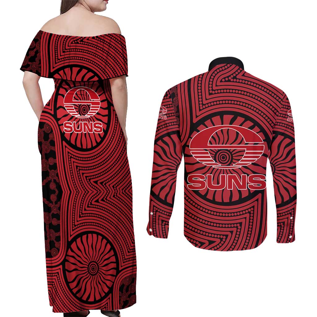 Gold Coast Suns Couples Matching Off Shoulder Maxi Dress and Long Sleeve Button Shirt Indigenous Monochrome Dot Art Mascot Style