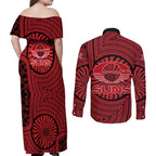 Gold Coast Suns Couples Matching Off Shoulder Maxi Dress and Long Sleeve Button Shirt Indigenous Monochrome Dot Art Mascot Style