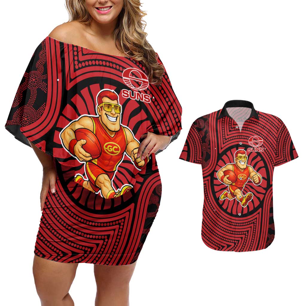 Gold Coast Suns Couples Matching Off Shoulder Short Dress and Hawaiian Shirt Indigenous Monochrome Dot Art Mascot Style