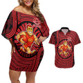 Gold Coast Suns Couples Matching Off Shoulder Short Dress and Hawaiian Shirt Indigenous Monochrome Dot Art Mascot Style