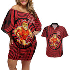 Gold Coast Suns Couples Matching Off Shoulder Short Dress and Hawaiian Shirt Indigenous Monochrome Dot Art Mascot Style