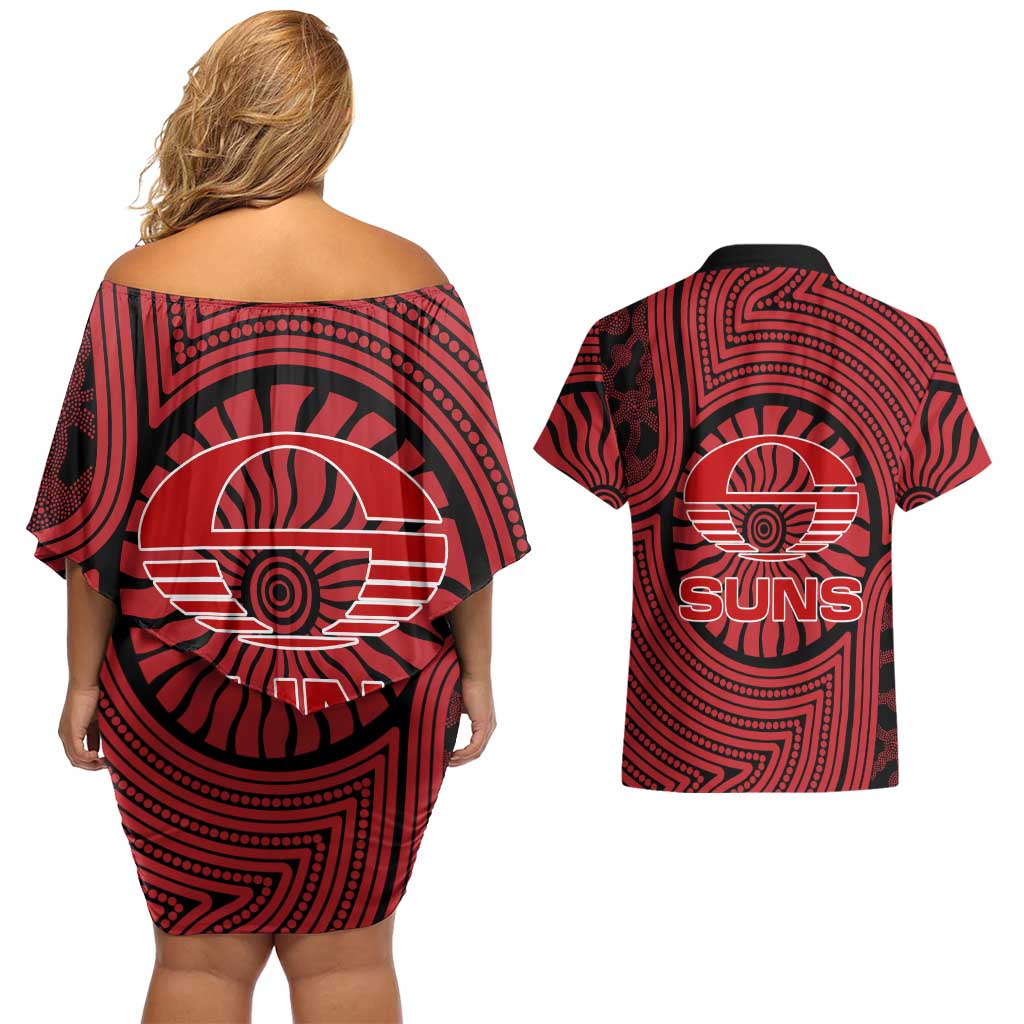 Gold Coast Suns Couples Matching Off Shoulder Short Dress and Hawaiian Shirt Indigenous Monochrome Dot Art Mascot Style