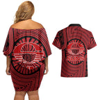 Gold Coast Suns Couples Matching Off Shoulder Short Dress and Hawaiian Shirt Indigenous Monochrome Dot Art Mascot Style