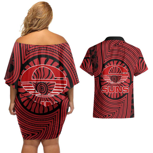 Gold Coast Suns Couples Matching Off Shoulder Short Dress and Hawaiian Shirt Indigenous Monochrome Dot Art Mascot Style
