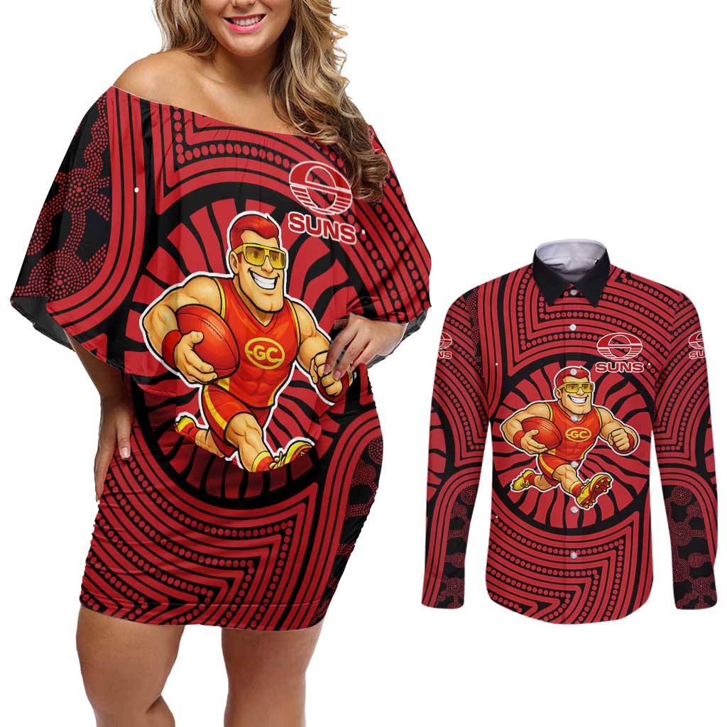 Gold Coast Suns Couples Matching Off Shoulder Short Dress and Long Sleeve Button Shirt Indigenous Monochrome Dot Art Mascot Style