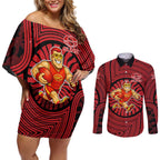 Gold Coast Suns Couples Matching Off Shoulder Short Dress and Long Sleeve Button Shirt Indigenous Monochrome Dot Art Mascot Style