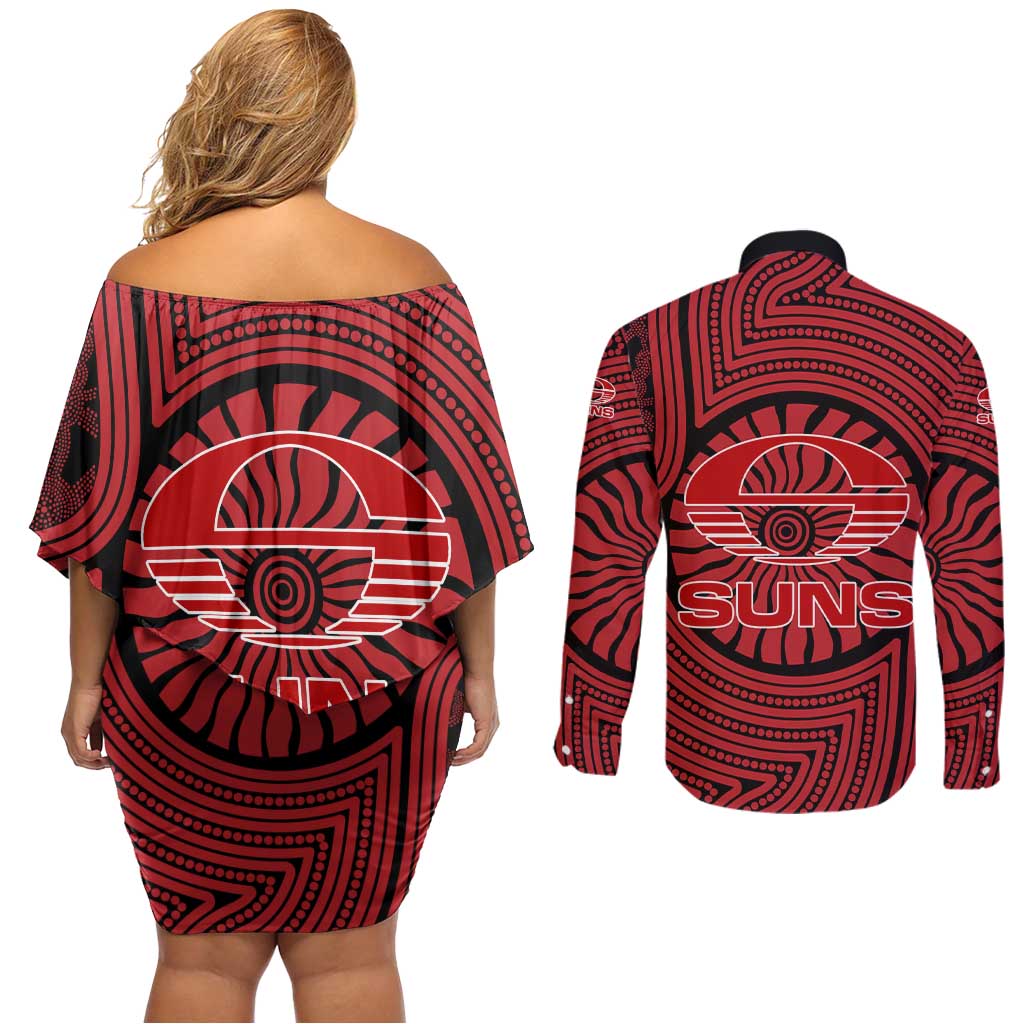Gold Coast Suns Couples Matching Off Shoulder Short Dress and Long Sleeve Button Shirt Indigenous Monochrome Dot Art Mascot Style